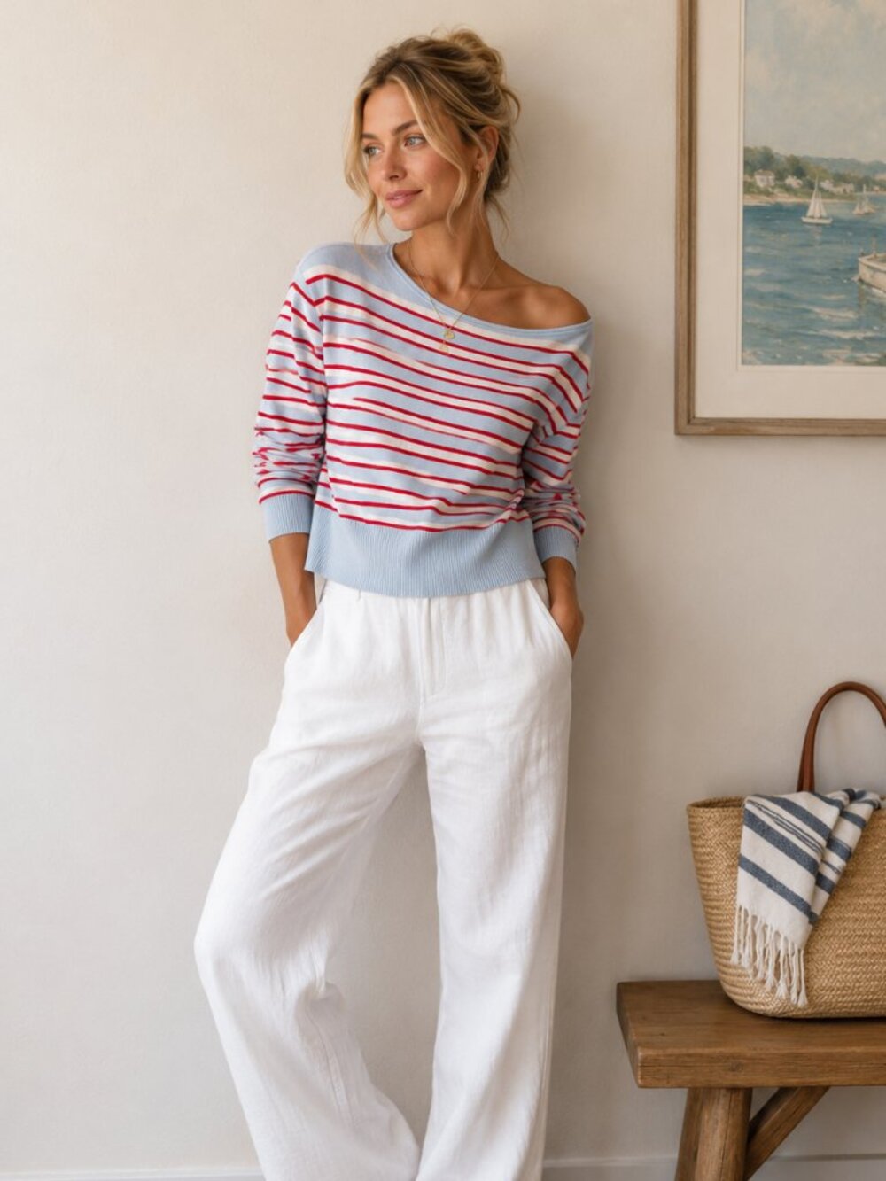 Forever 21 Blue Red Nautical Striped Off Shoulder Sweater Americana - NWT
